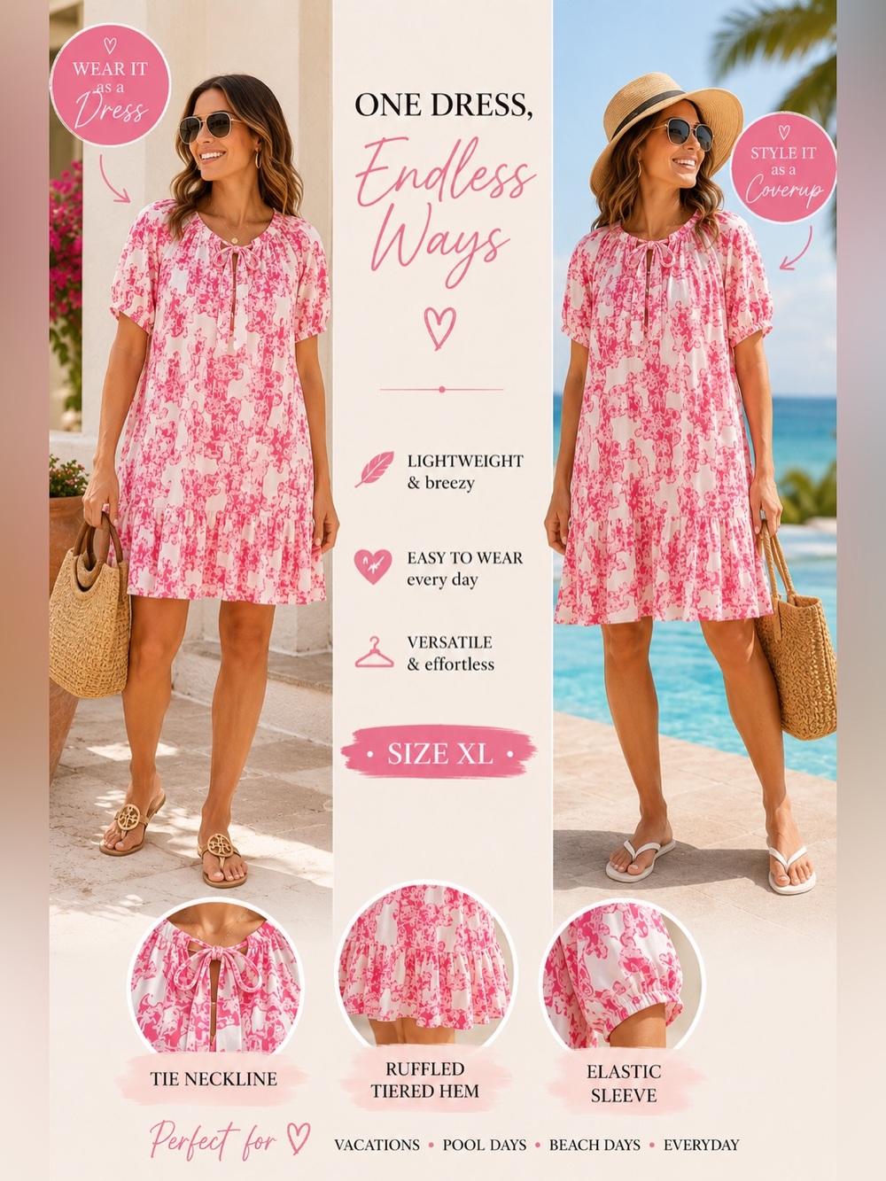 Pink and White Printed Short Sleeve Ruffle Dress or Swim Cover Up Size XL